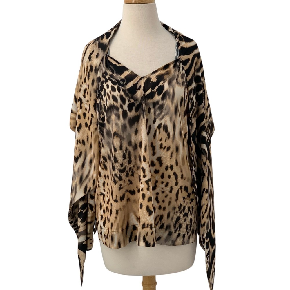 BLACK LABEL BY CHICOS‎ Long Sleeve V-Neck Leopard Print Wrap Scarf Blouse Size L